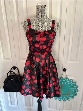 LUOUSE Retro Cherry Print Satin-Like Mini Swing Dress Small